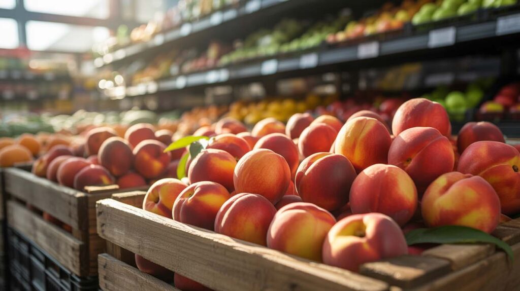 Melocoton rojo en la tienda y mercado actual